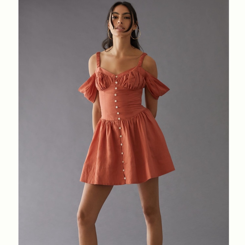 NWT By Anthropologie Off the Shoulder Linen Mini Dress - Size Small
